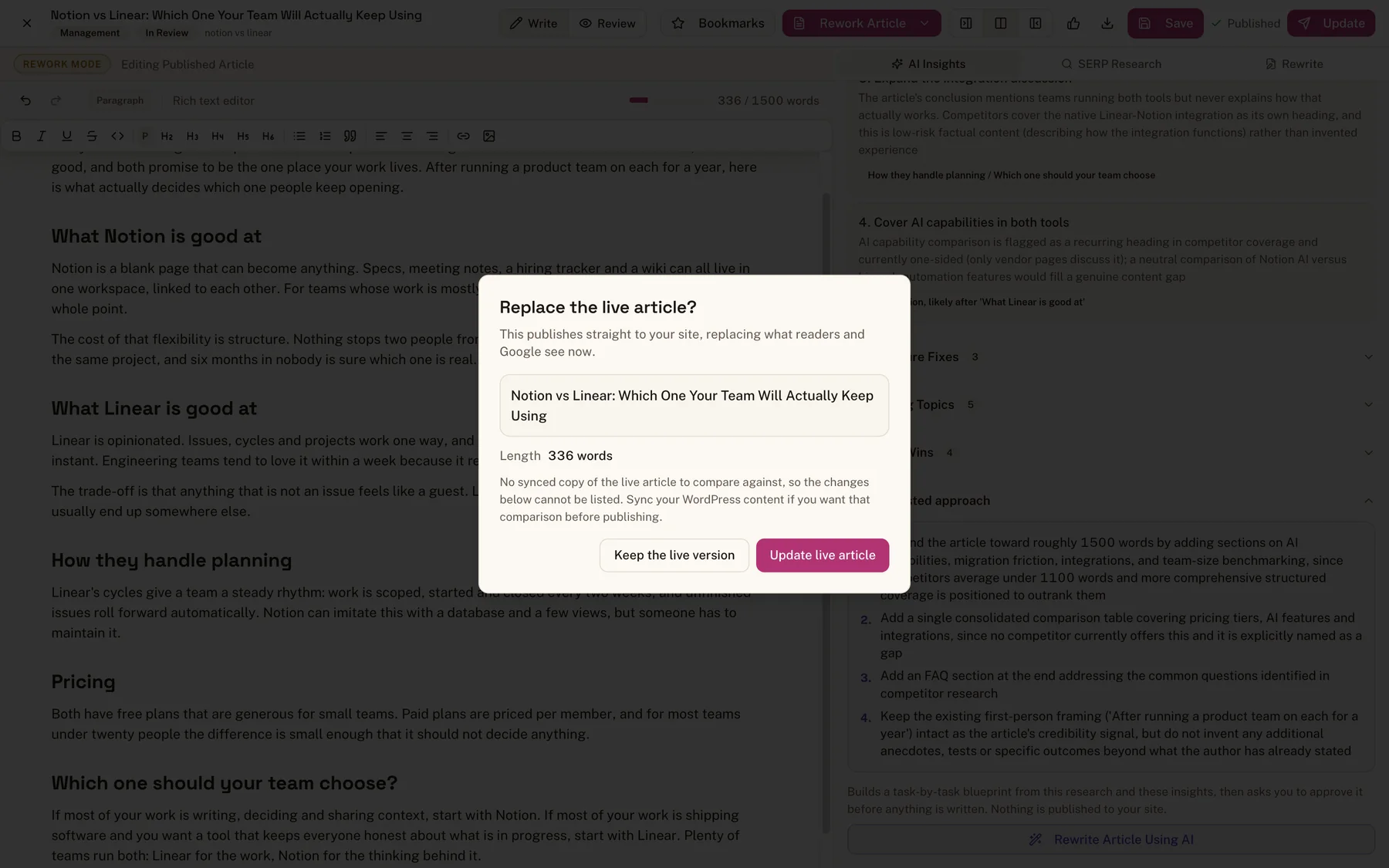 The publish confirmation in Flowra: a dialog asking 'Replace the live article?' with the article title, its length, and buttons to keep the live version or update the live article.