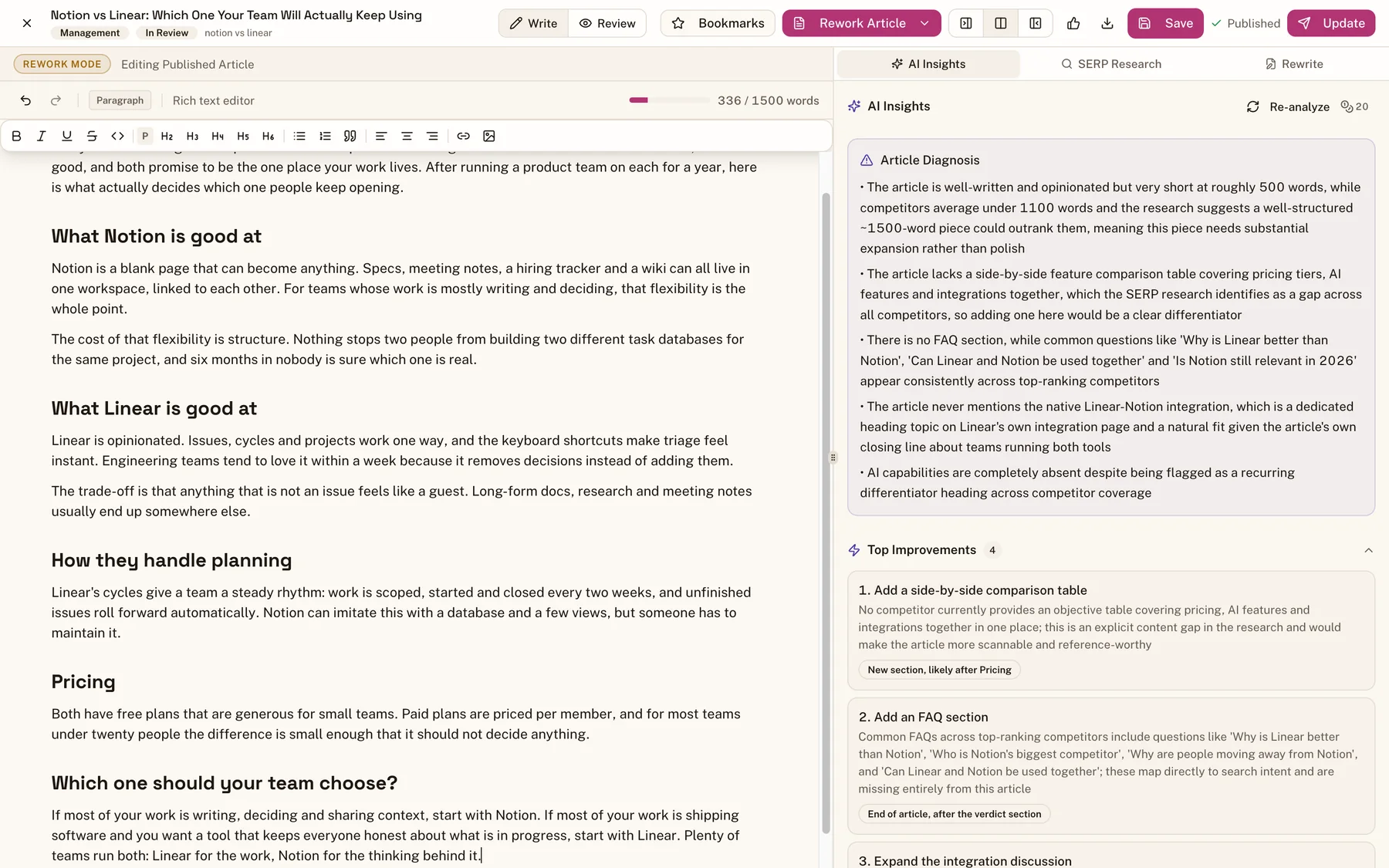 Flowra's rework editor: the article on the left, and on the right the AI insights panel with an article diagnosis and the top improvements, such as adding a side by side comparison table after the pricing section and an FAQ at the end.