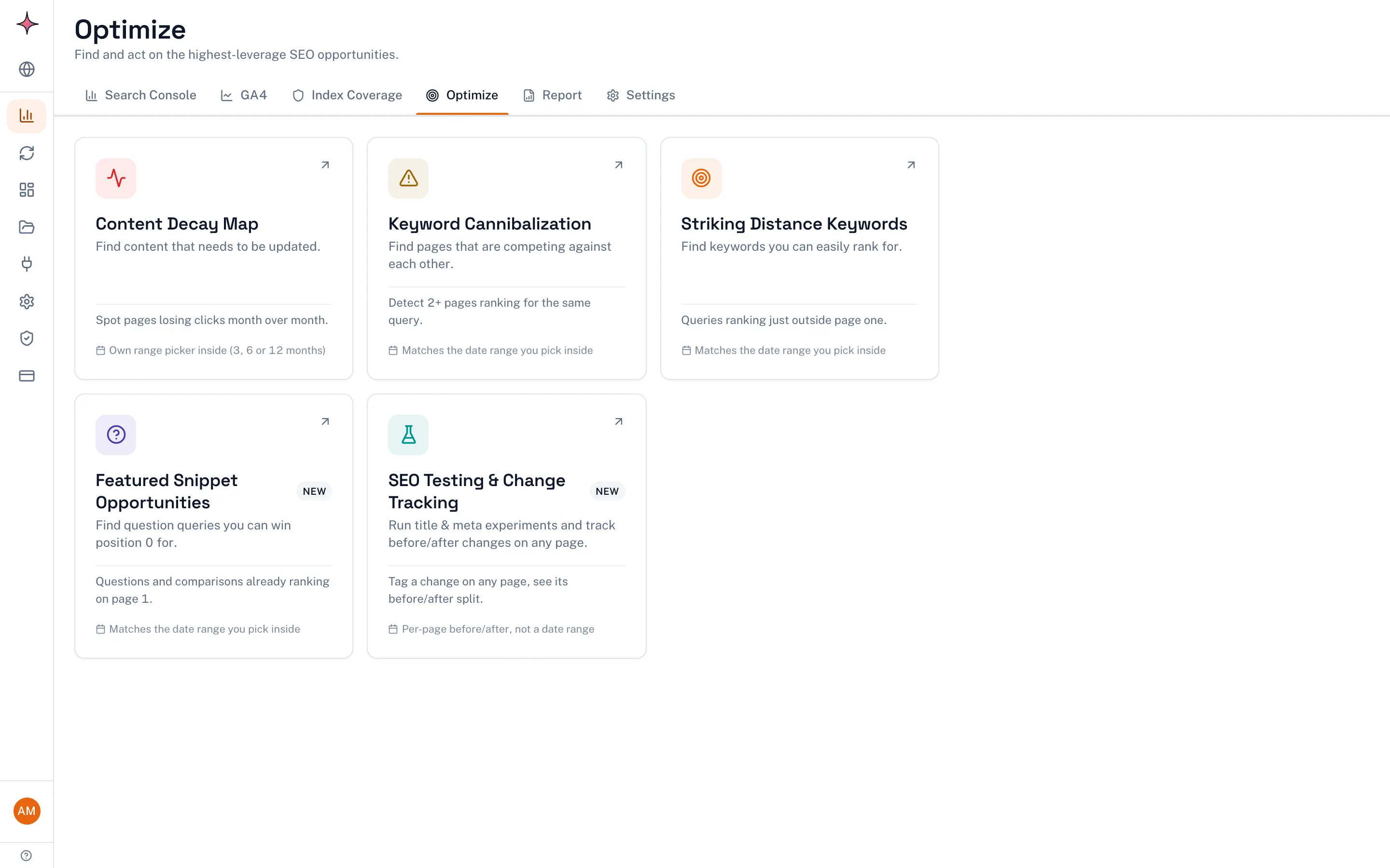The Optimize hub in Flowra, showing cards for Content Decay Map, Keyword Cannibalization, Striking Distance Keywords, Featured Snippet Opportunities, and SEO Testing and Change Tracking.