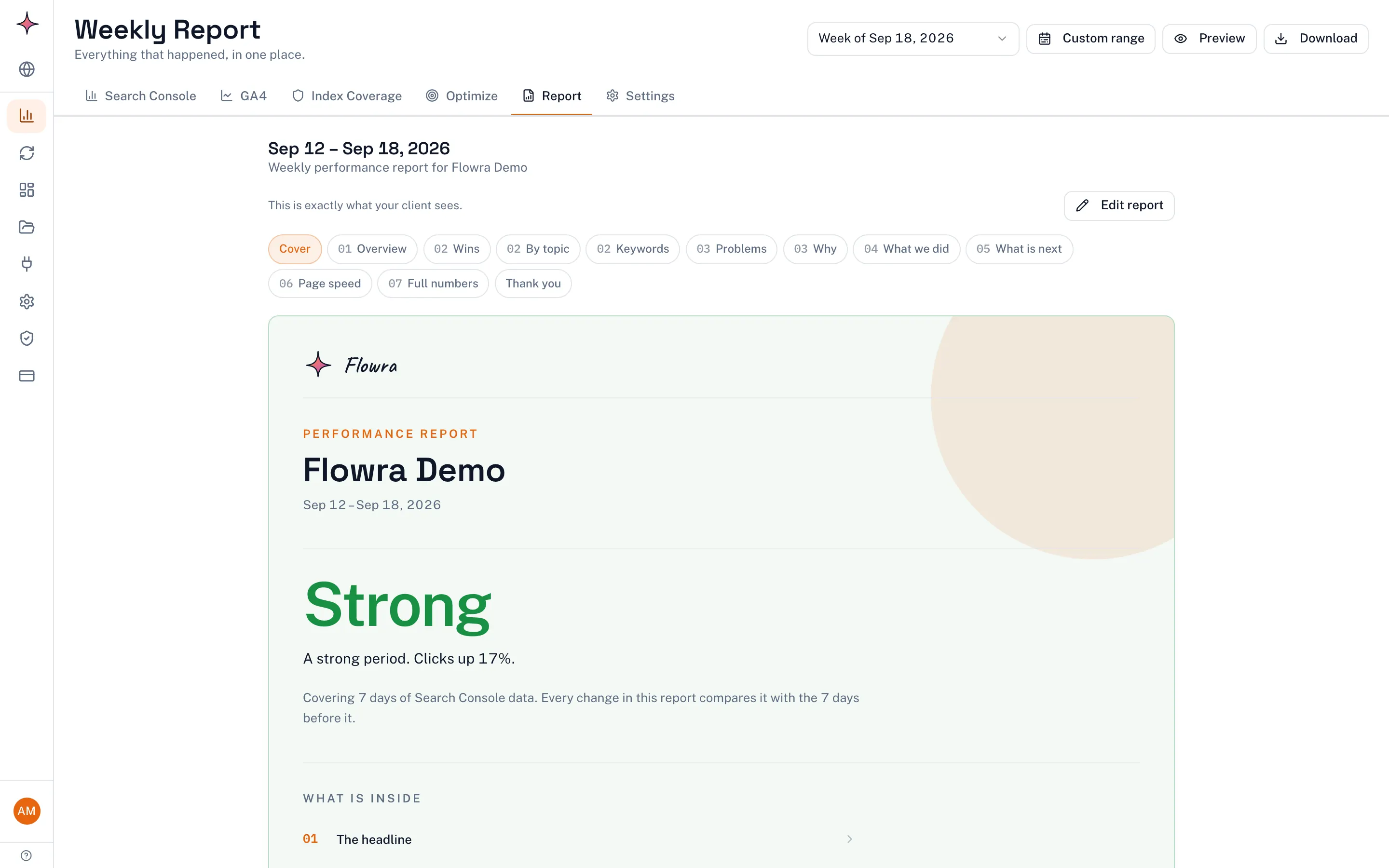 Flowra's weekly SEO report for a site: a week picker, Custom range, Preview and Download buttons, an Edit report button, tabs for each section from Overview to Full numbers, and a cover reading Strong, clicks up 17%.