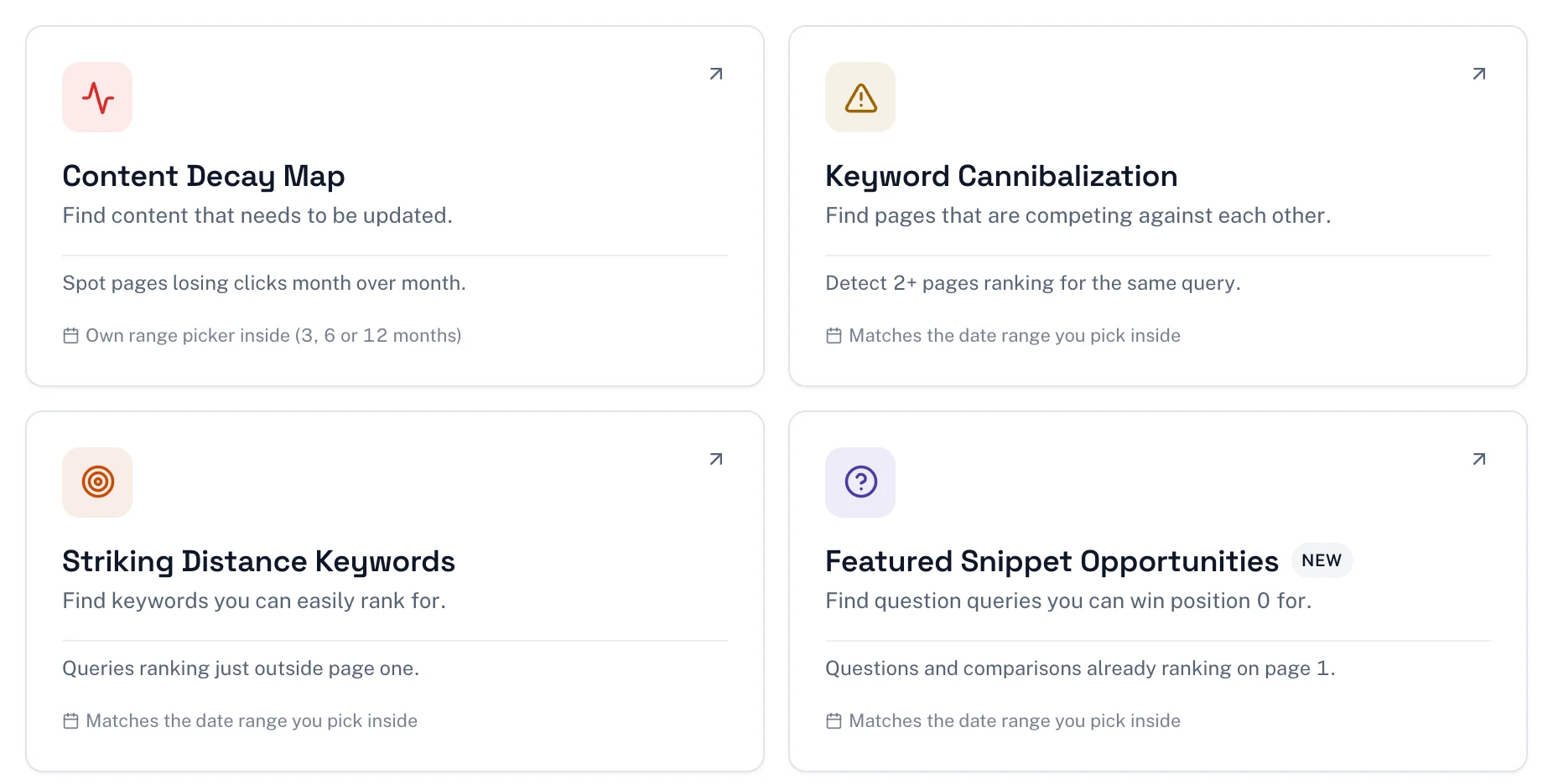 Four cards from the Optimize tab in Flowra: Content Decay Map, Keyword Cannibalization, Striking Distance Keywords and Featured Snippet Opportunities, each with a one-line description of what it finds.