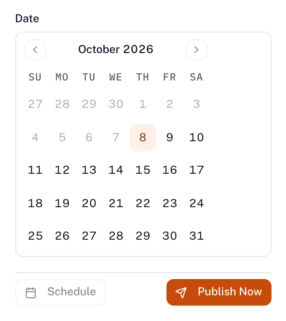 The foot of the Publish and Schedule panel in Flowra: a date picker for the month, and below it two separate buttons, Schedule and Publish Now.