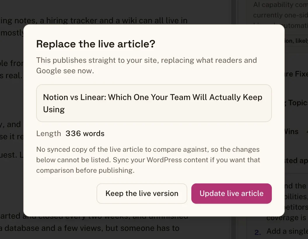 Flowra publish to wordpress screen, on the demo site's example data